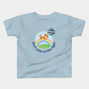 Born year of the tiger - cute BABY tiger on a rainbow Kids T-Shirt